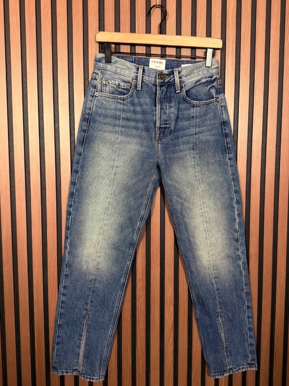 Frame Jeans 26 Blue Le Original Starlite Rigid Re-Release Pleated Leg Slit Denim